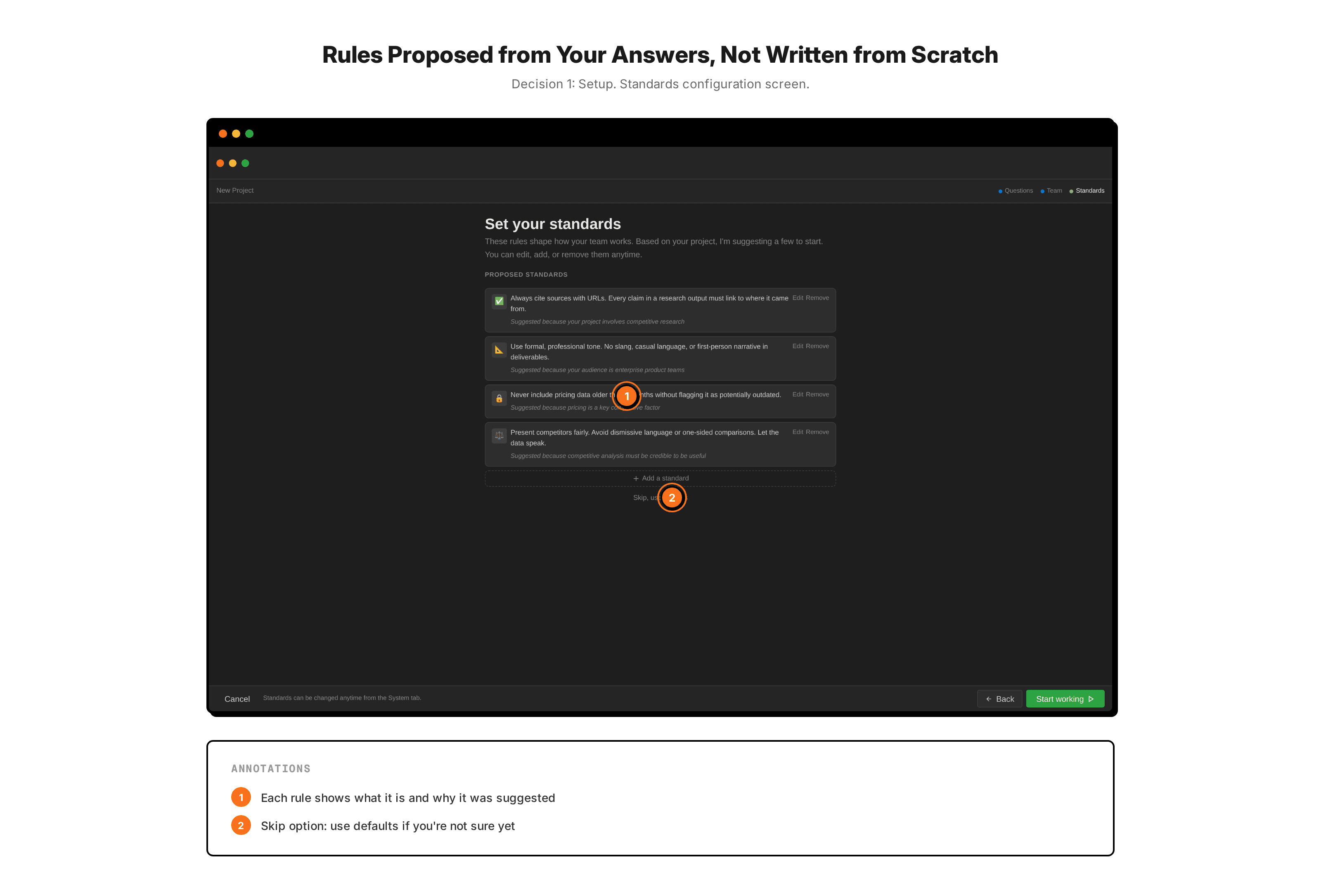 Standards configuration screen. The proposed standards for the project appear as reviewable cards, each with the AI's reasoning for why that standard is relevant.