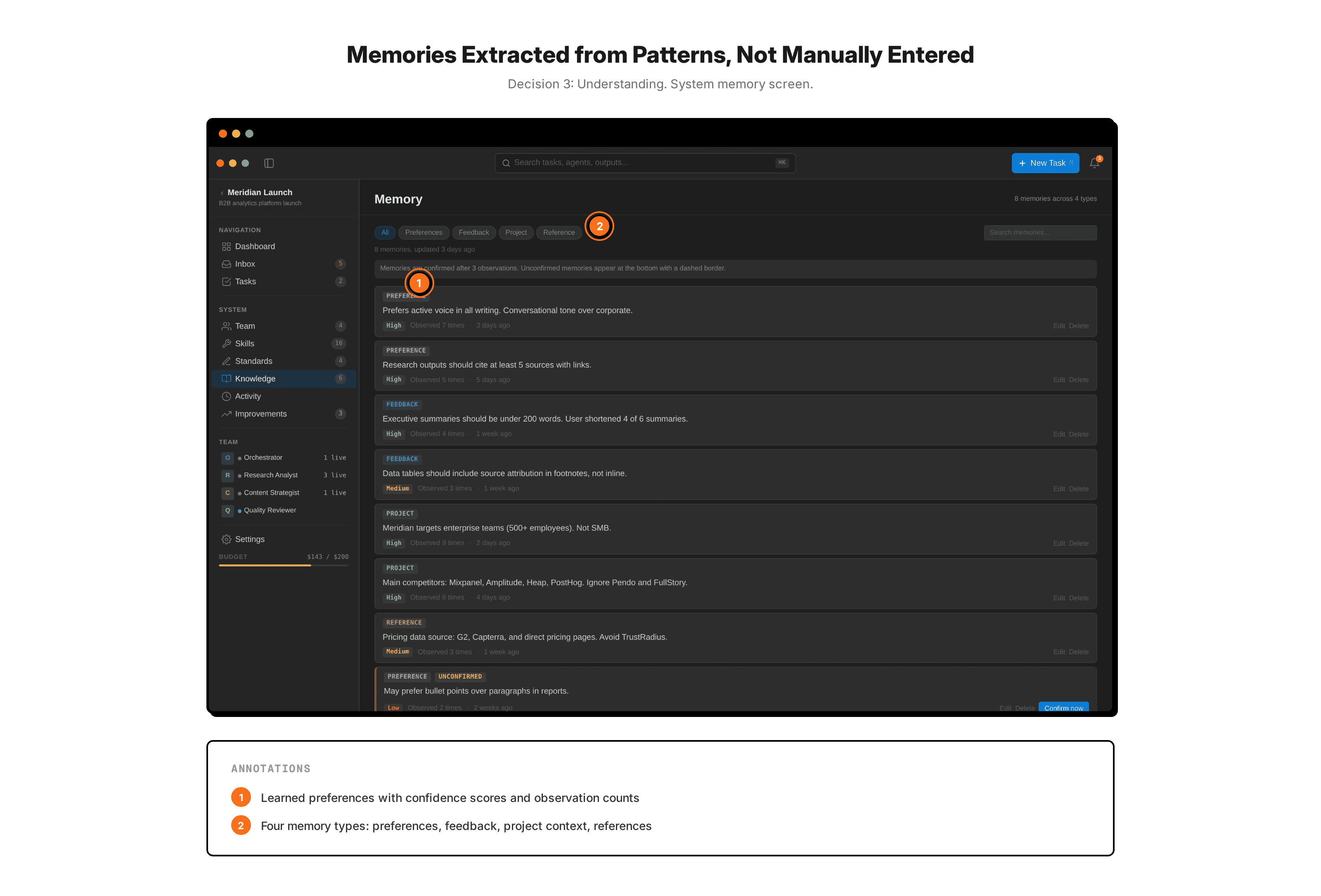 System memory screen. Each memory shows its confidence score and the number of observations that support it.
