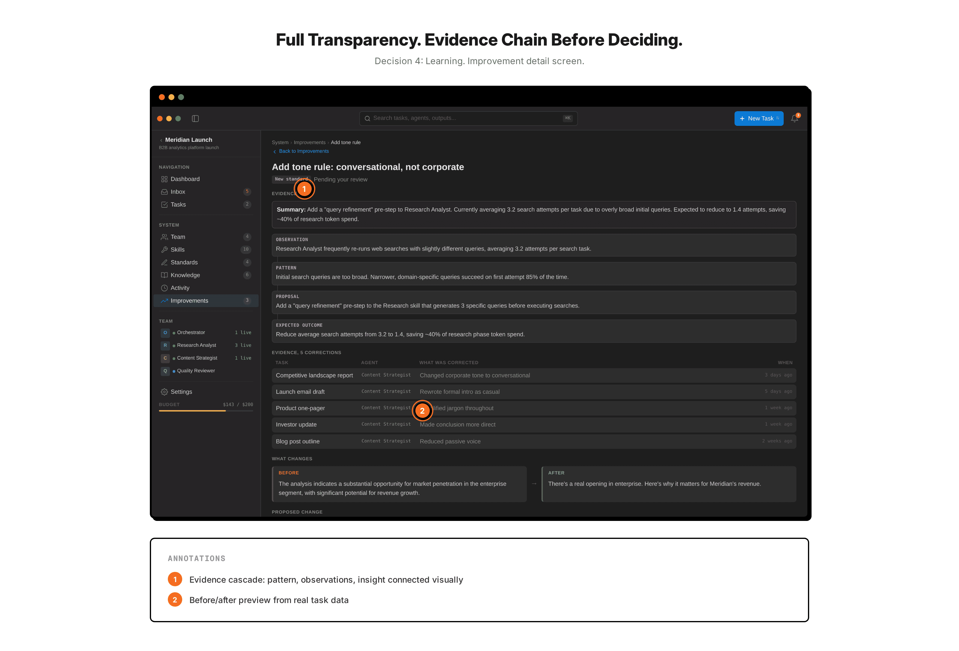 Improvement detail screen. The evidence cascade visualization sits at the top. The proposed change is shown below with a before and after preview pulled from real task data. The user sees exactly why the system recommends the change.