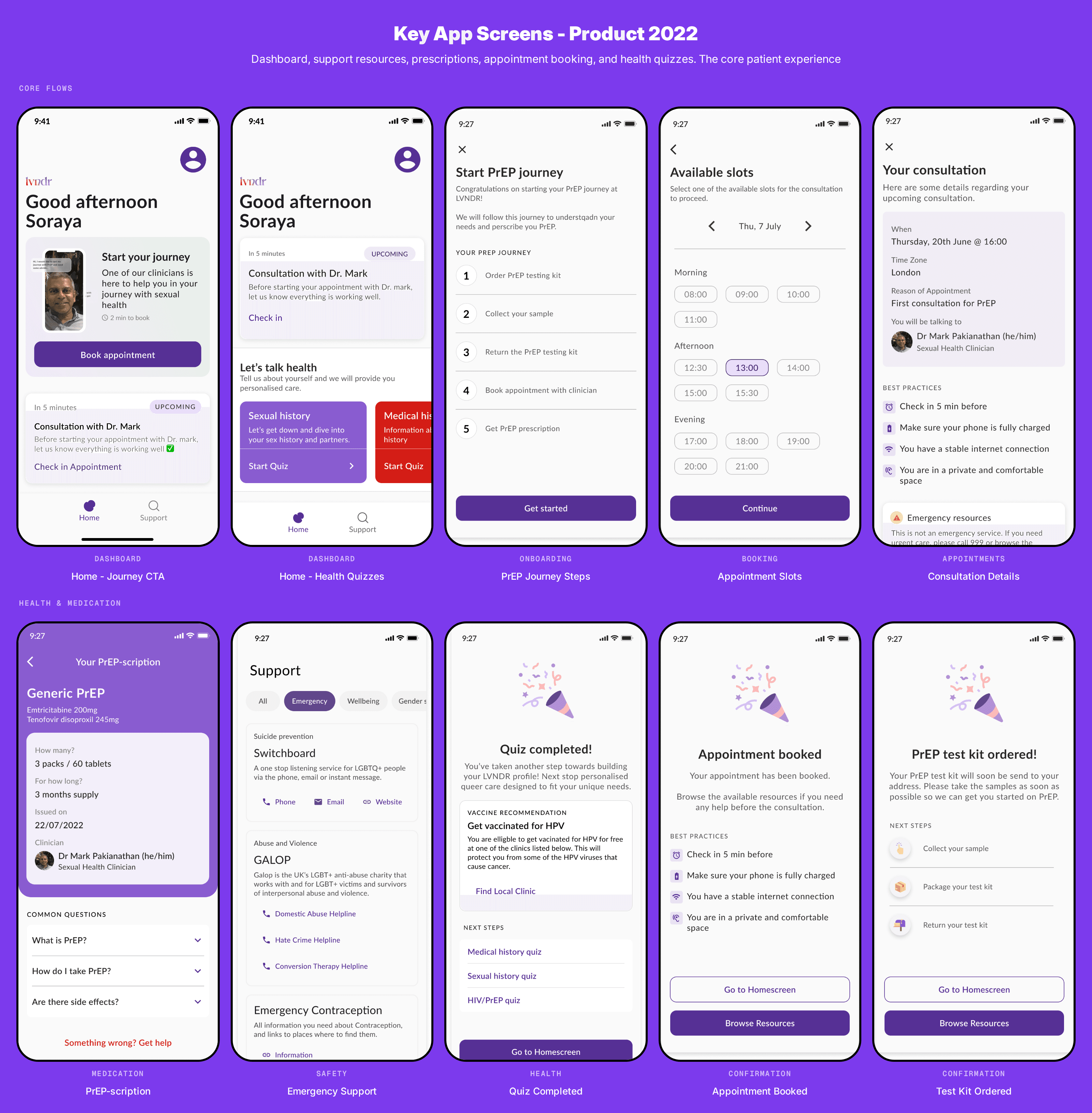 Screen gallery: 4 onboarding screens showing welcome, identity, health history, preferences