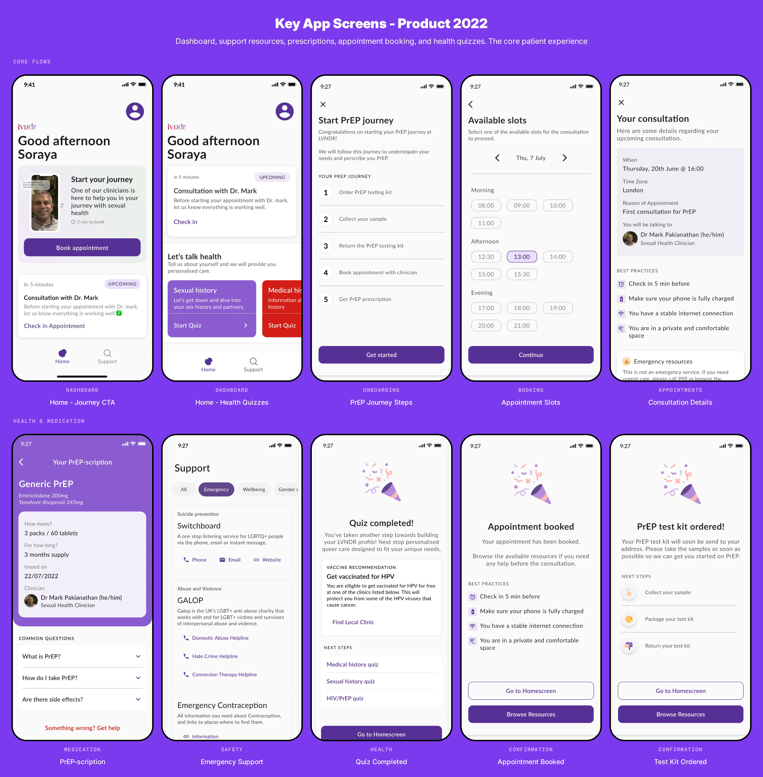 Screen gallery: 4 onboarding screens showing welcome, identity, health history, preferences
