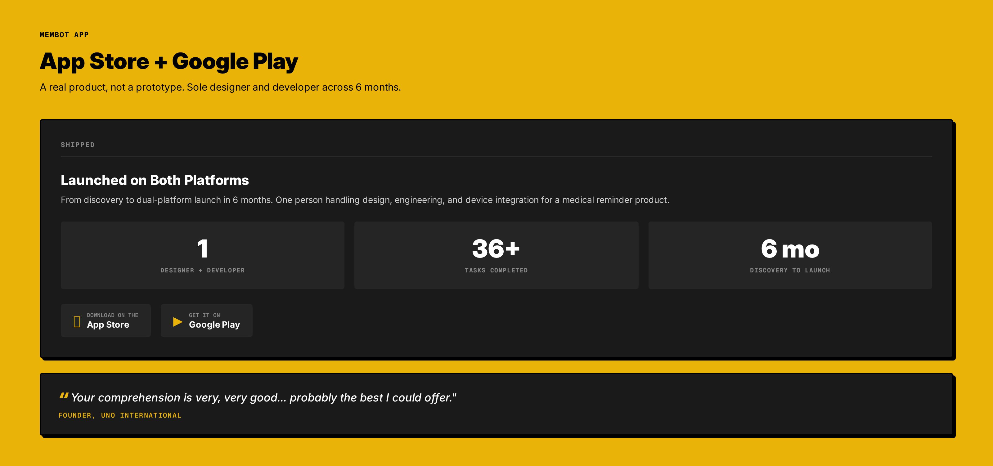 Data callout: Launched on App Store and Google Play with app store badges and device mockup