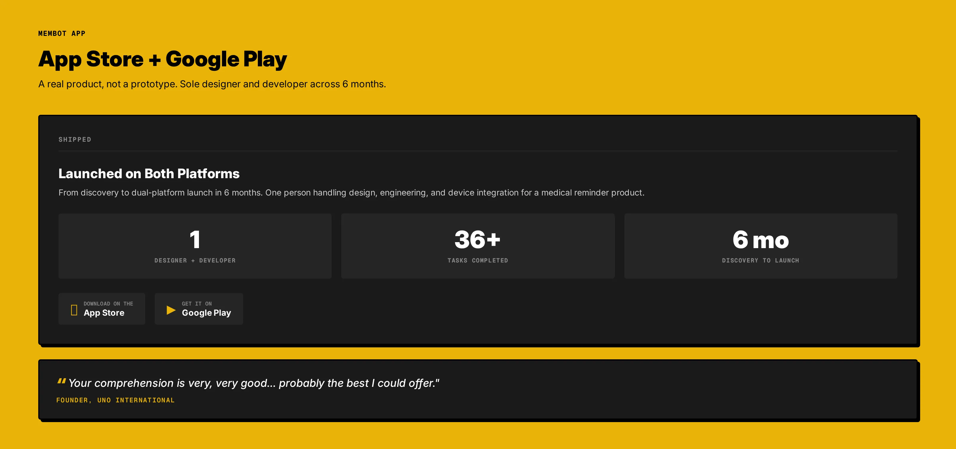 Data callout: Launched on App Store and Google Play with app store badges and device mockup
