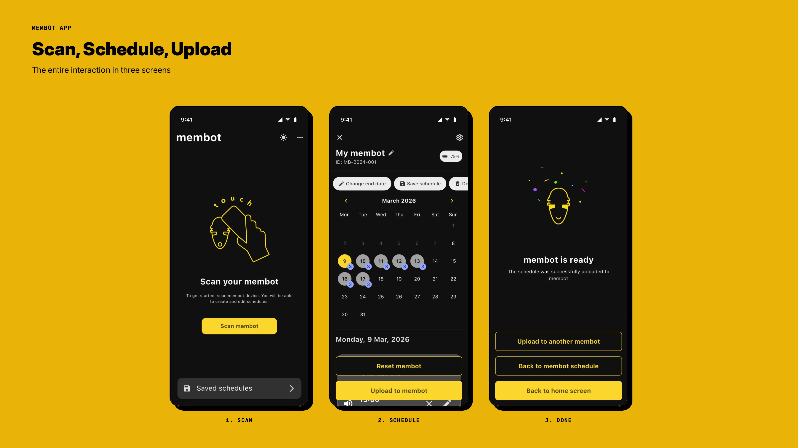Hero: 3 key screens showing the scan, schedule, and done flow