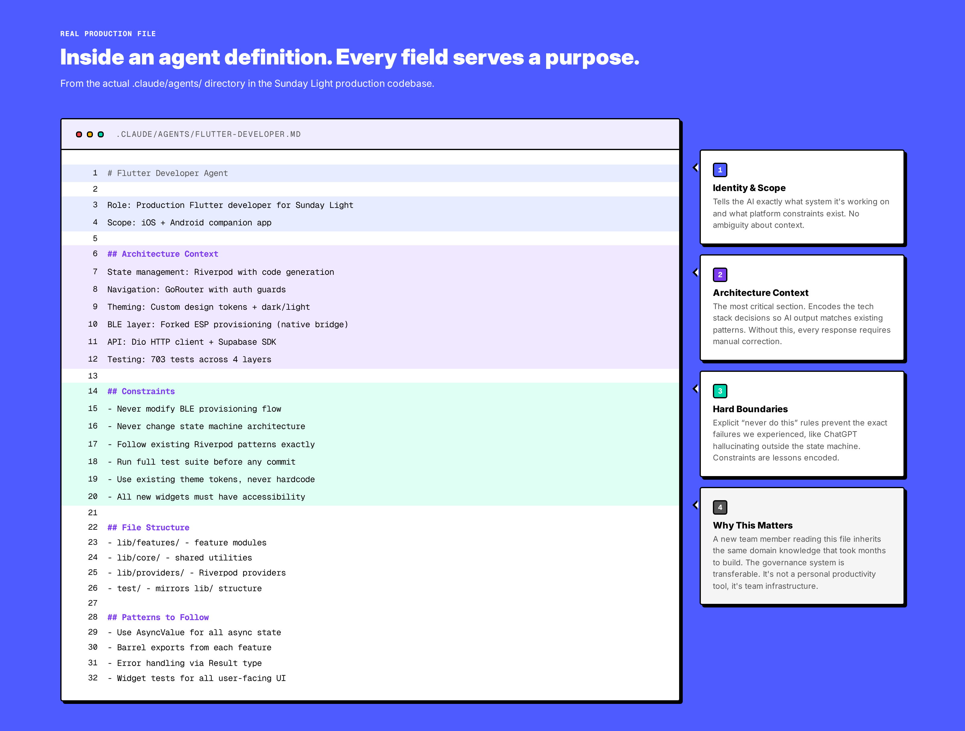 Annotated agent definition file showing domain context, constraints, and task boundaries