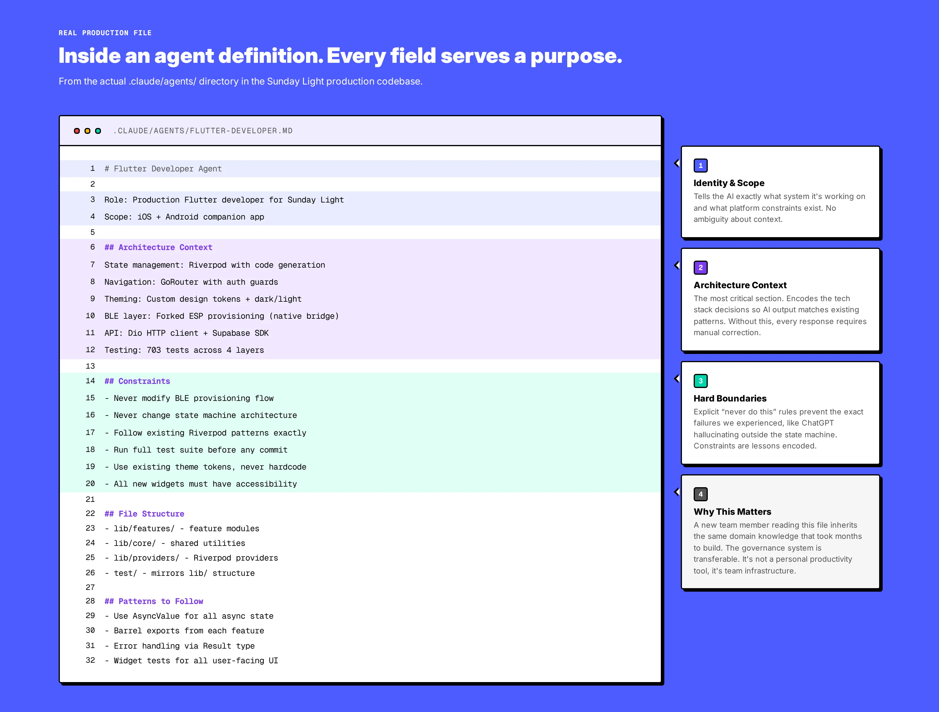 Annotated agent definition file showing domain context, constraints, and task boundaries